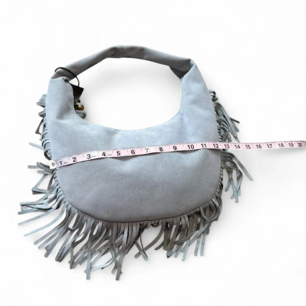 Juniper & Joy Gray/Blue Faux Suede‎ Fringe Hobo Shoulder Bag